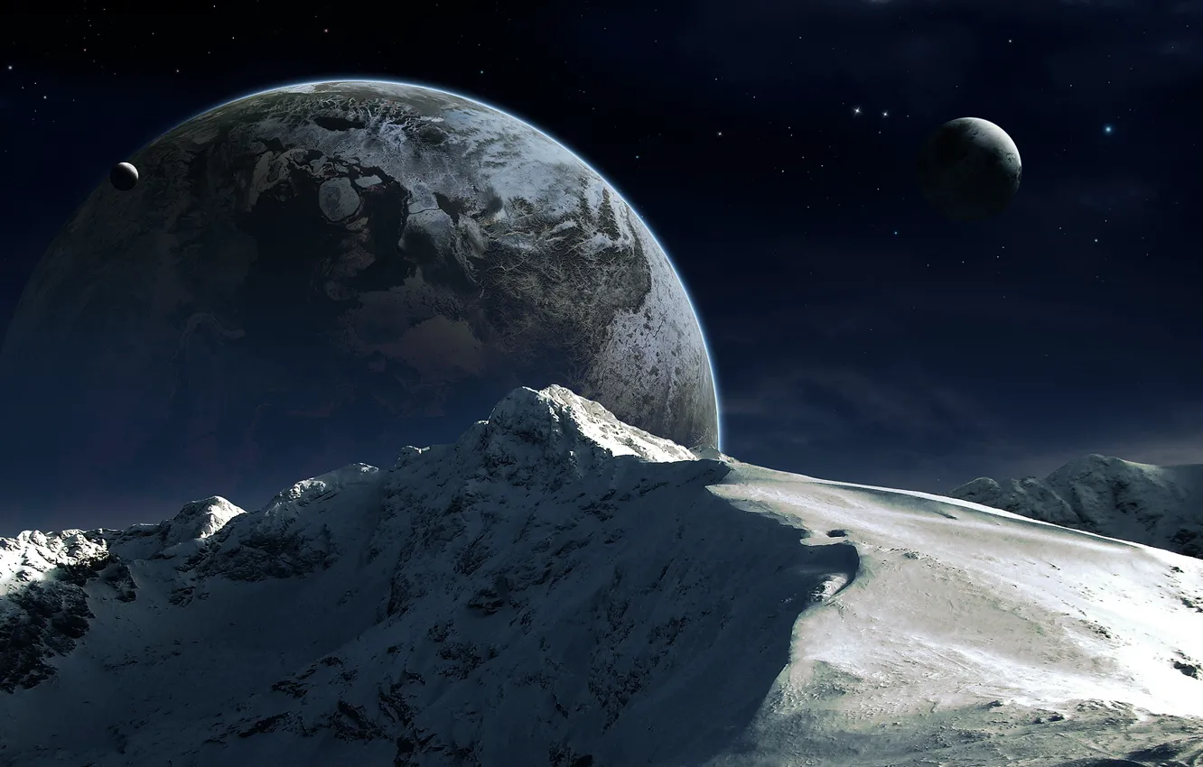 Photo wallpaper snow, mountains, planet, satellite