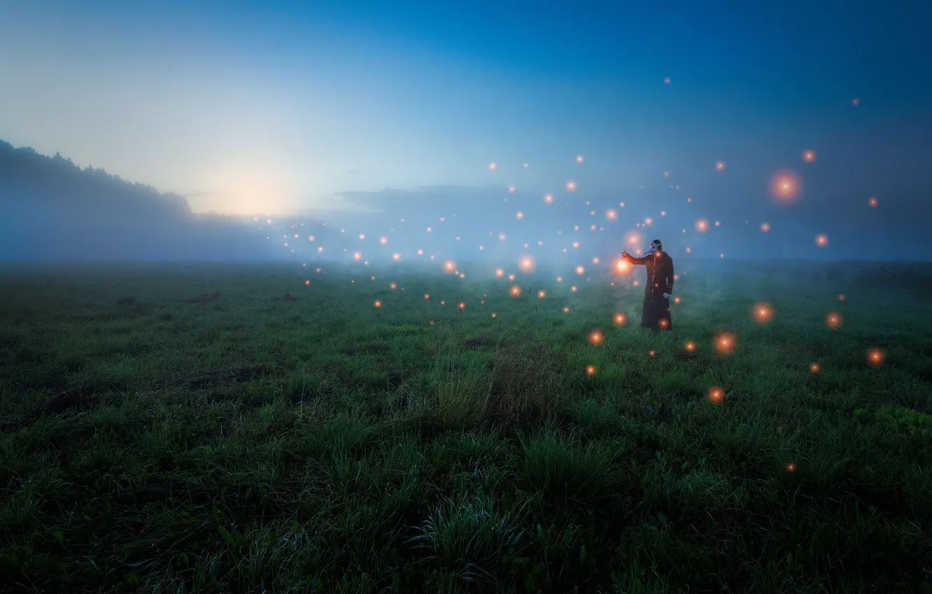 Photo wallpaper field, fog, people, mystic, field, fog, man, mysticism