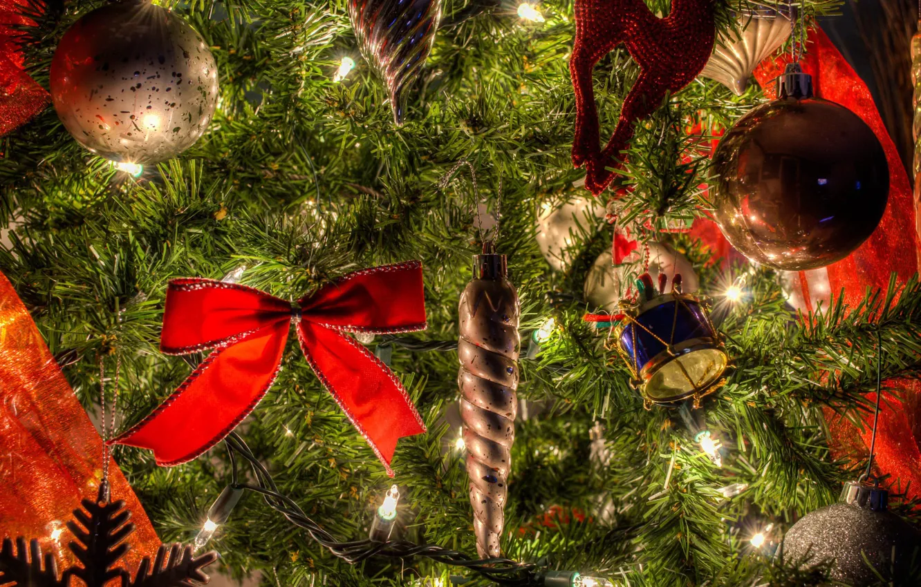 Photo wallpaper balls, holiday, balls, toys, new year, tree, bow, light bulb