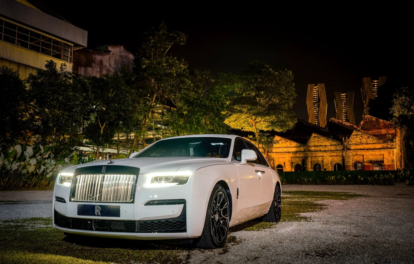 Photo wallpaper Rolls-Royce, light, white, Ghost, Front, Side, Rolls Royce Ghost, Black Badge