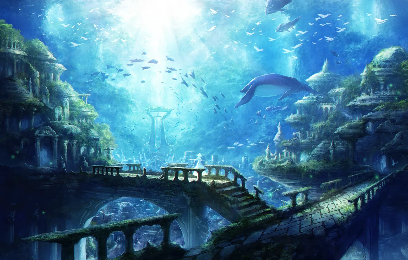 Photo wallpaper fish, fish, ruins, underwater city