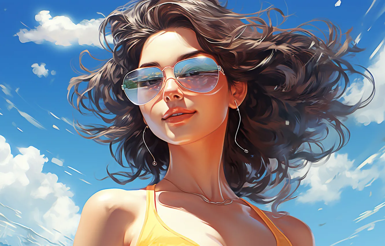 Photo wallpaper sky, long hair, clouds, women, painting, digital art, glasses, bikini