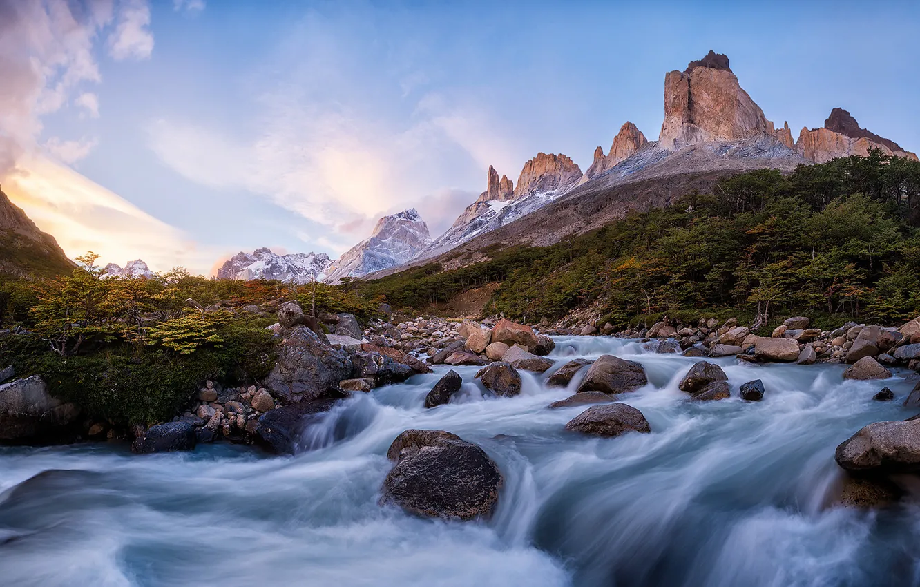 Photo wallpaper mountains, river, stream, Chile, Andes, South America, Patagonia