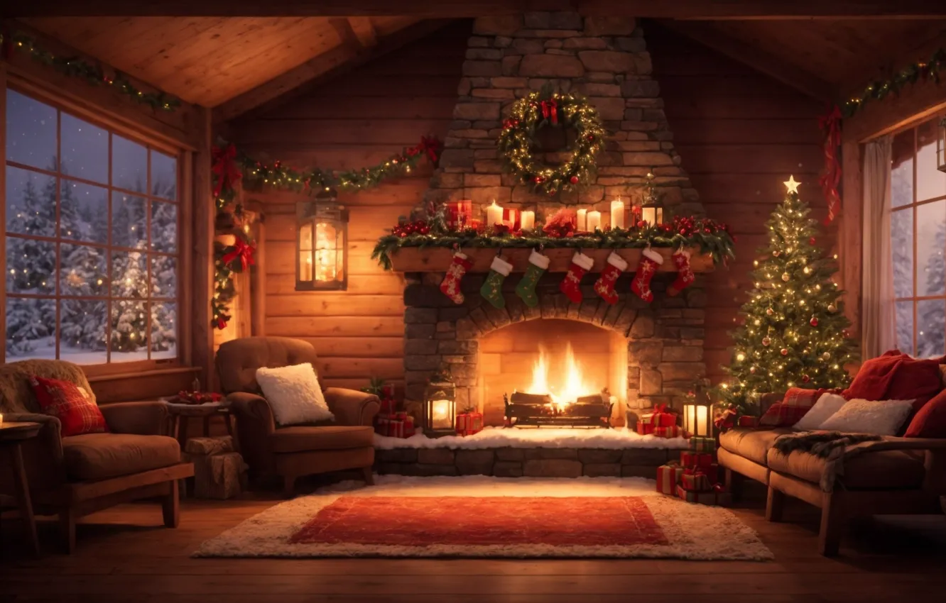 Photo wallpaper winter, decoration, room, balls, tree, interior, New Year, Christmas