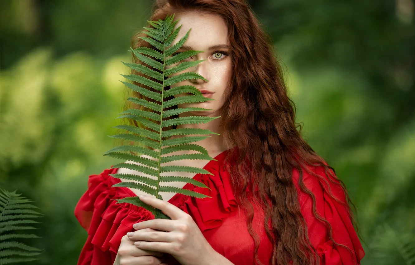 Photo wallpaper look, girl, face, portrait, red, red dress, redhead, long hair