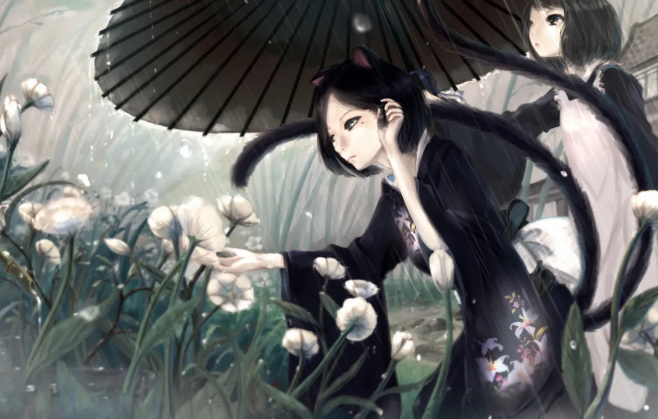 Photo wallpaper girl, flowers, rain, umbrella, art, tail, neko, ears