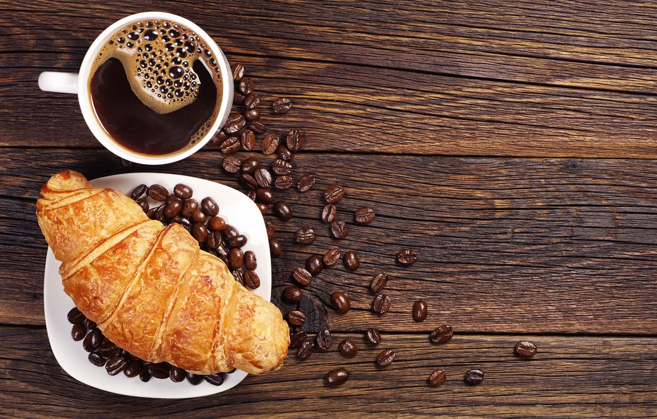 Photo wallpaper coffee, grain, Breakfast, cakes, growing, breakfast, croissant