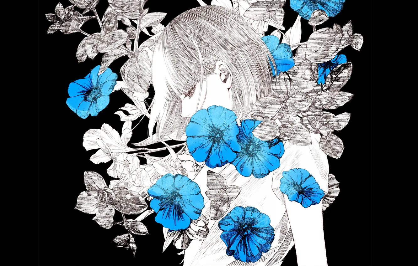 Photo wallpaper girl, flowers, black background, art, Kiyohara Hiro