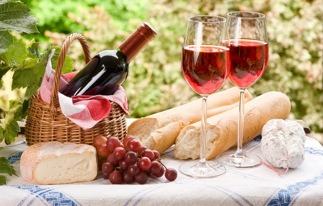 Photo wallpaper leaves, wine, basket, glass, cheese, grapes, bunch, picnic