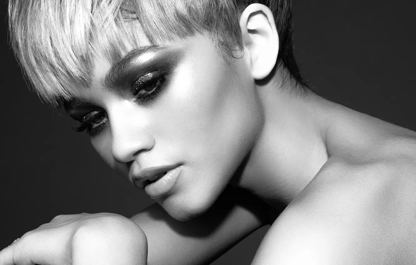 Photo wallpaper close-up, model, portrait, makeup, actress, hairstyle, photographer, black and white