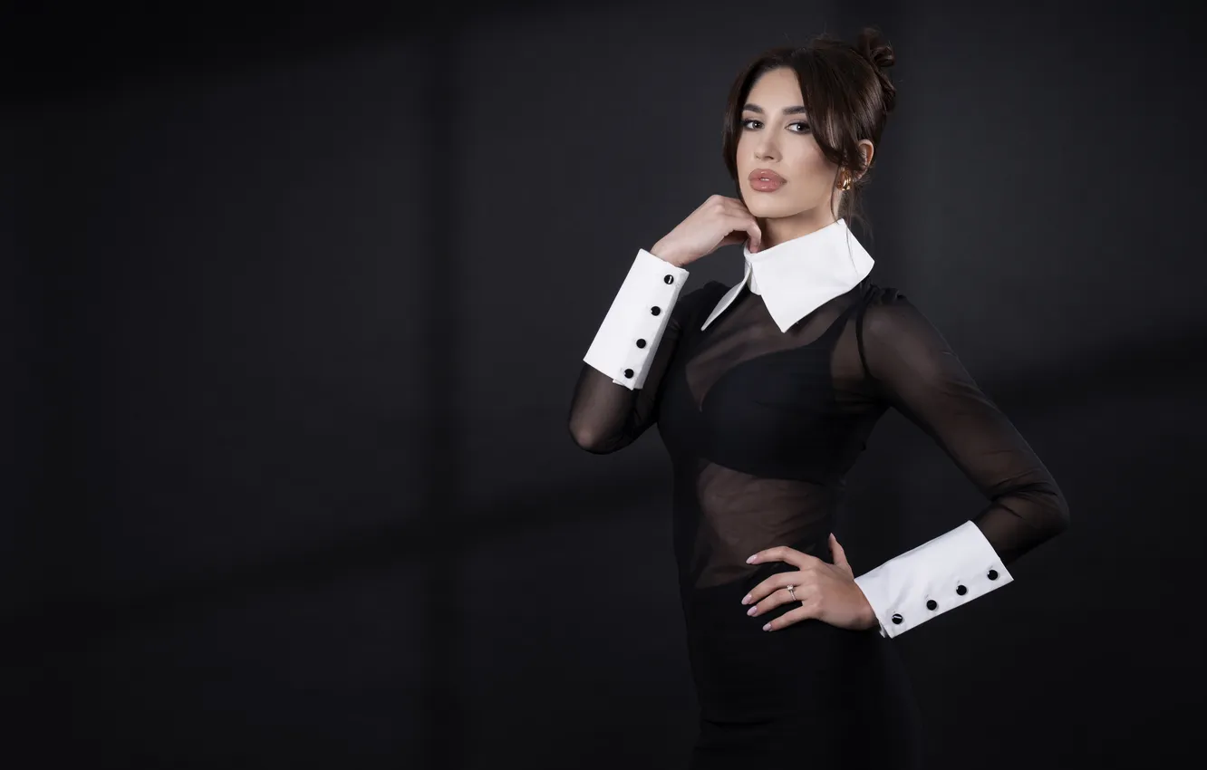 Photo wallpaper pose, gesture, beautiful girl, stylish, transparent blouse, charming beauty, Bogdan Negoita, Poise in Monochrome