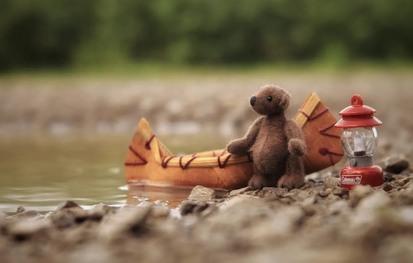 Photo wallpaper nature, childhood, river, stones, background, shore, boat, toy