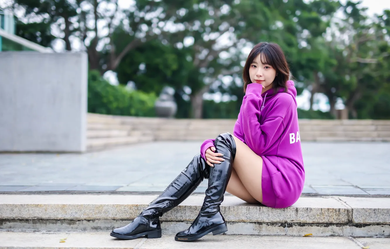Photo wallpaper girl, boots, legs, Asian, Hoodies