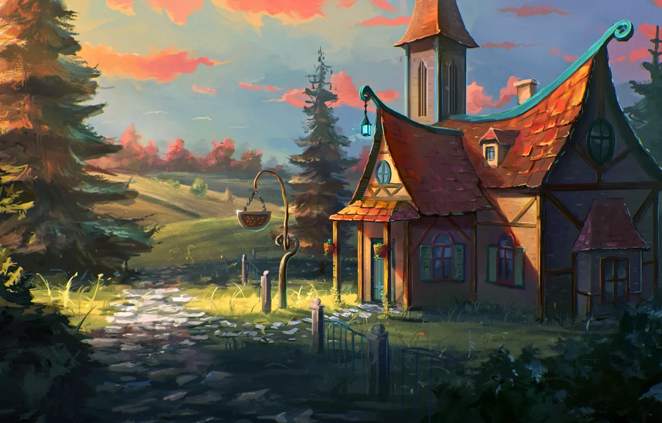 Photo wallpaper road, sunset, tree, the evening, house, house, road, sunset