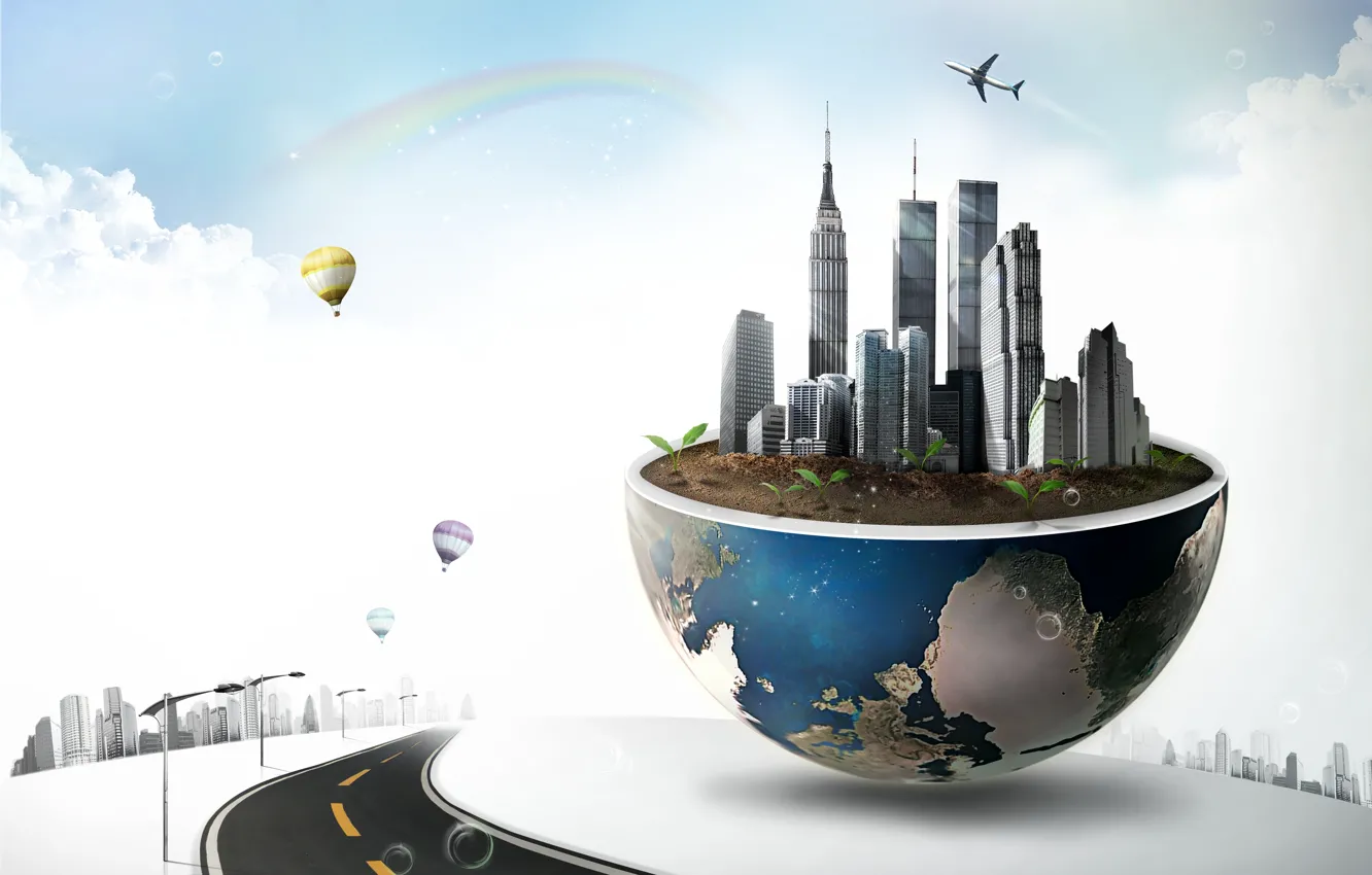 Photo wallpaper road, clouds, balloons, creative, Rostock, planet, home, rainbow