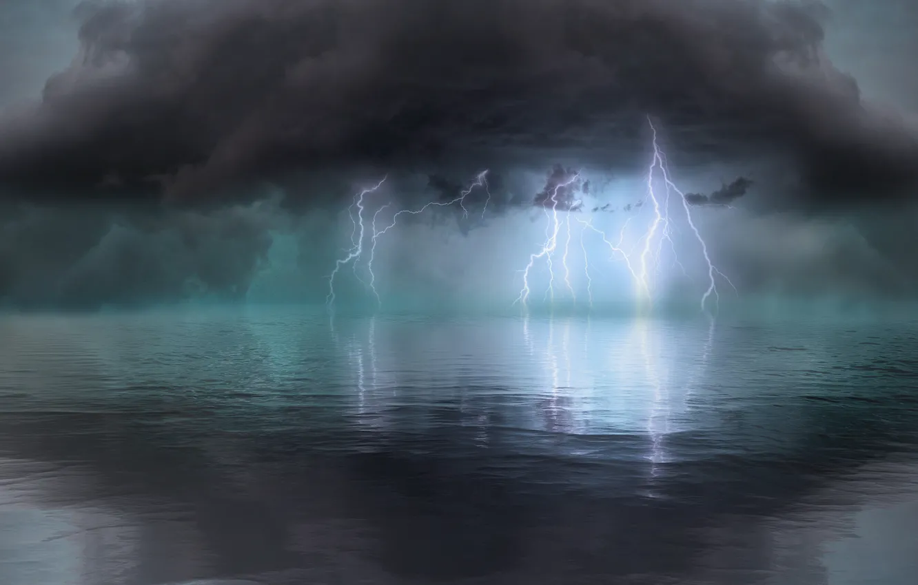 Photo wallpaper sea, the storm, water, light, night, clouds, nature, fog
