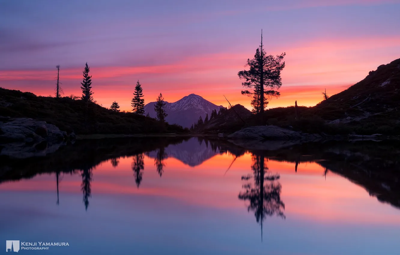 Photo wallpaper sunset, reflection, mountain, photographer, Heart Lake, Mount Shasta, Kenji Yamamura