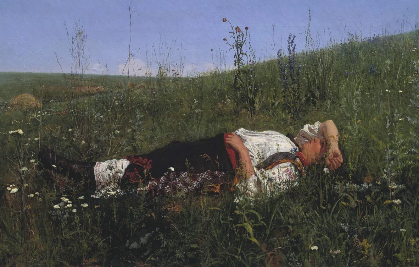 Photo wallpaper the sky, grass, flowers, oil, Canvas, Nikolay KUZNETSOV, Russian woman, In celebration