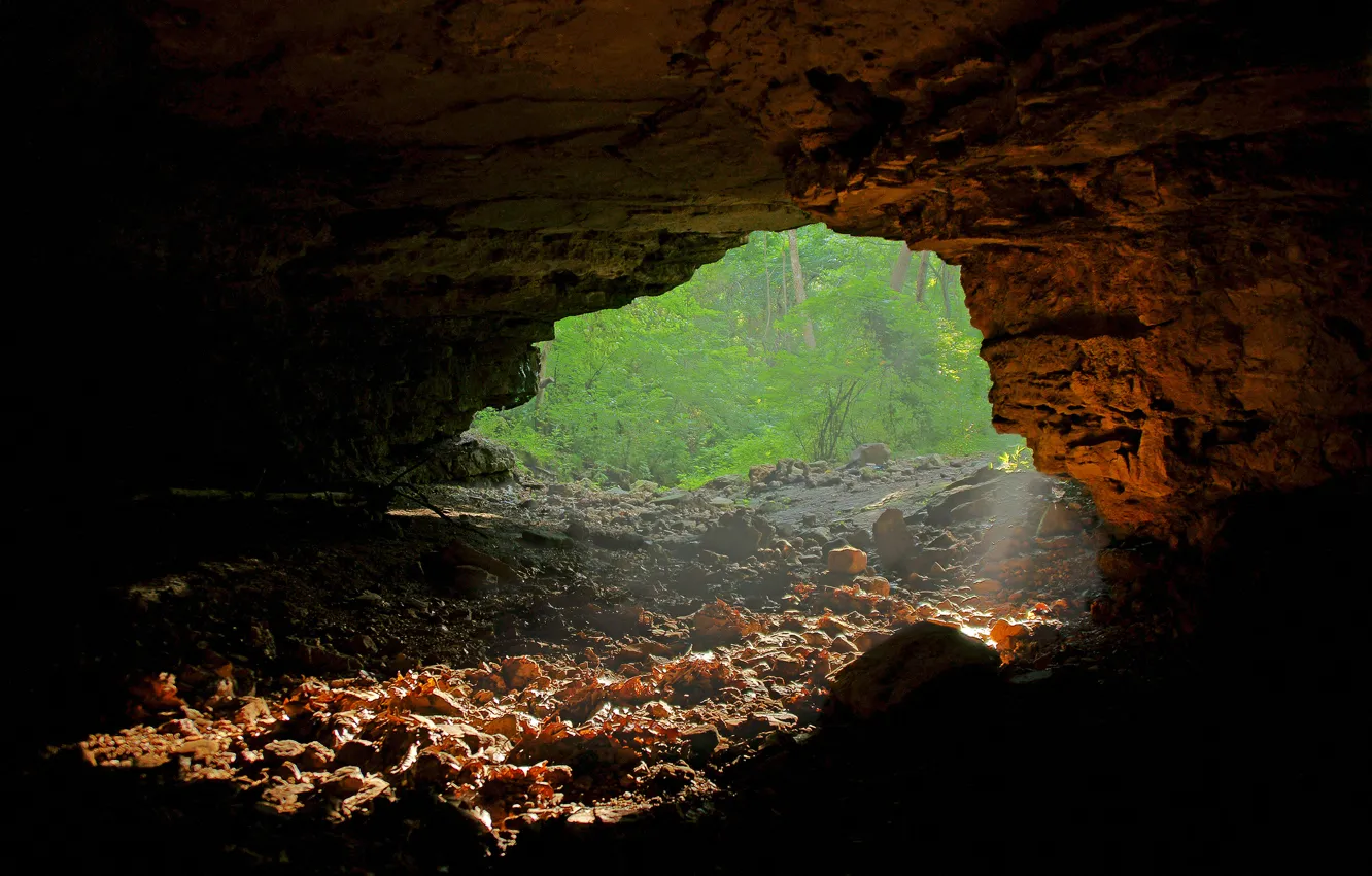 Photo wallpaper rays, light, cave, entrance