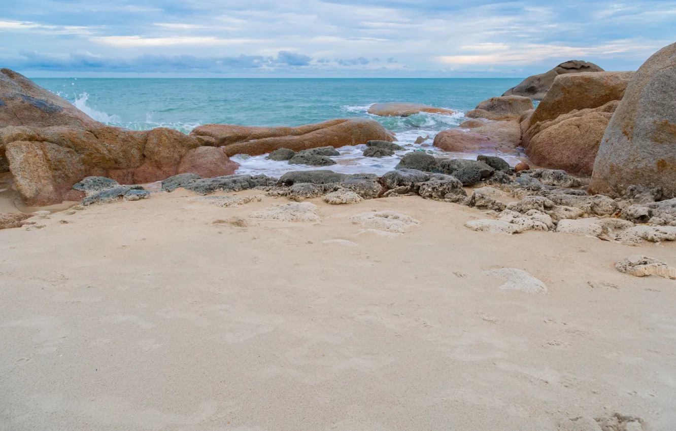 Photo wallpaper sand, sea, wave, beach, summer, the sky, stones, shore