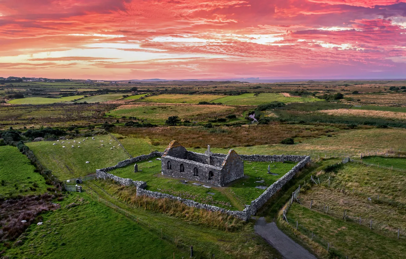 Photo wallpaper green grass, field, beauty, space, Church, the ruins, space, Ireland