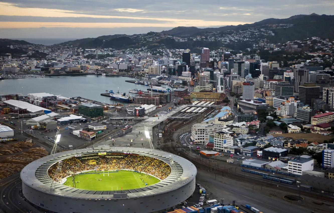 Photo wallpaper the city, twilight, stadium, urban traffic