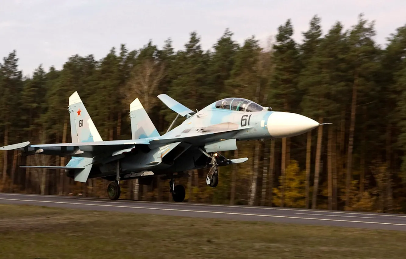 Photo wallpaper landing, Su-27UB, Air force Belarus, Flanker-С, double training-combat fighter
