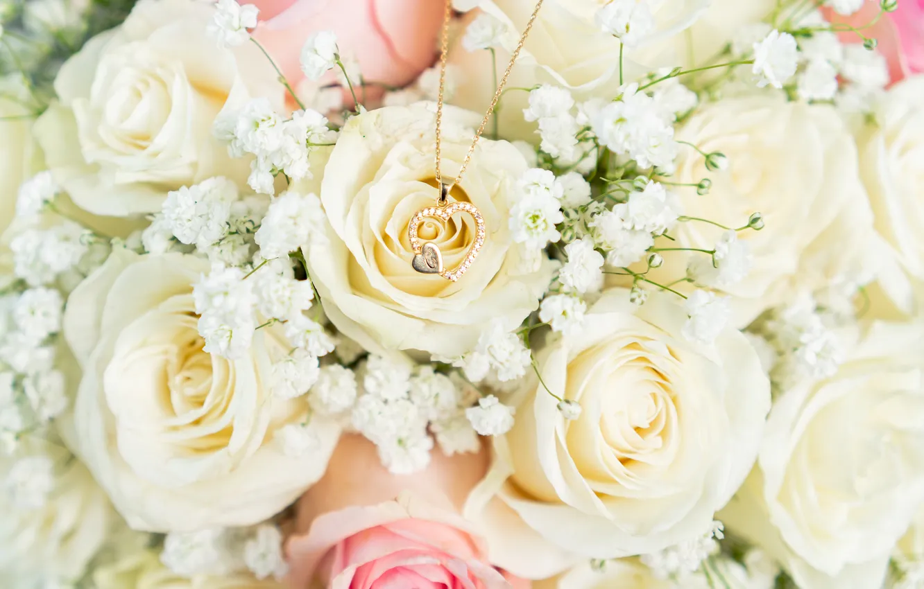 Photo wallpaper flowers, roses, bouquet, pink, white, wedding bouquet, gypsophila