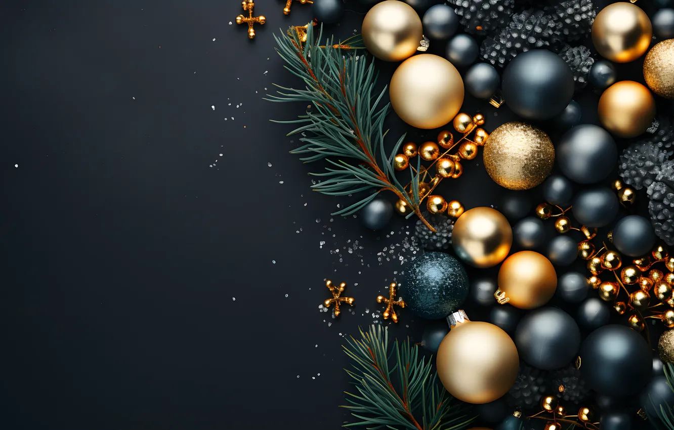 Photo wallpaper decoration, the dark background, balls, new year, Christmas, dark, golden, Christmas