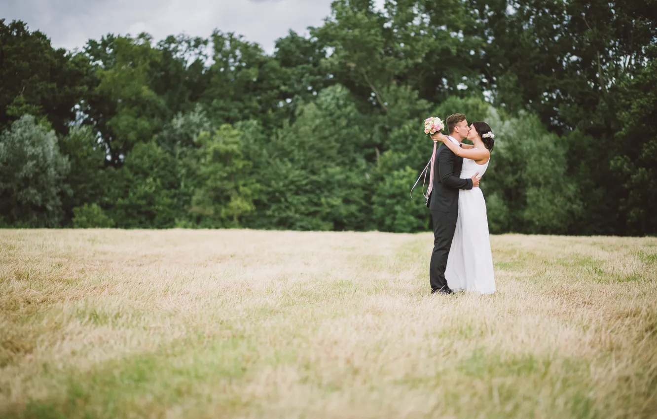 Photo wallpaper field, grass, kiss, dress, costume, the bride, the groom