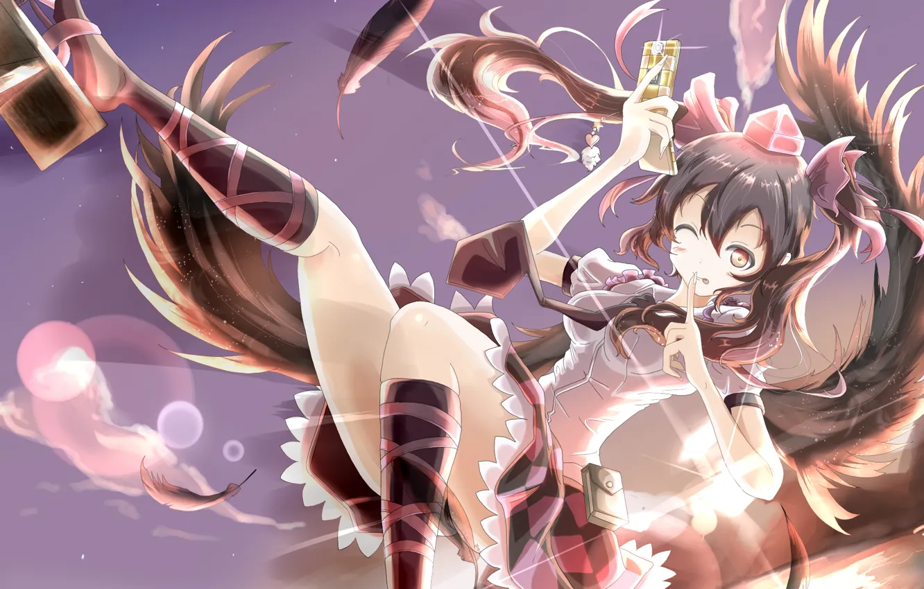 Photo wallpaper girl, flight, joy, sunset, nature, mood, wings, feathers