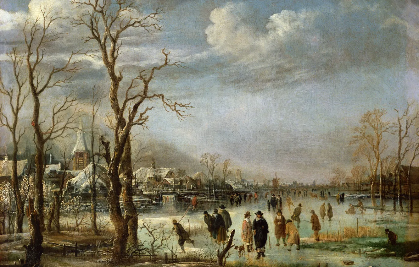 Photo wallpaper landscape, oil, picture, canvas, Art van der NEER, River view in Winter