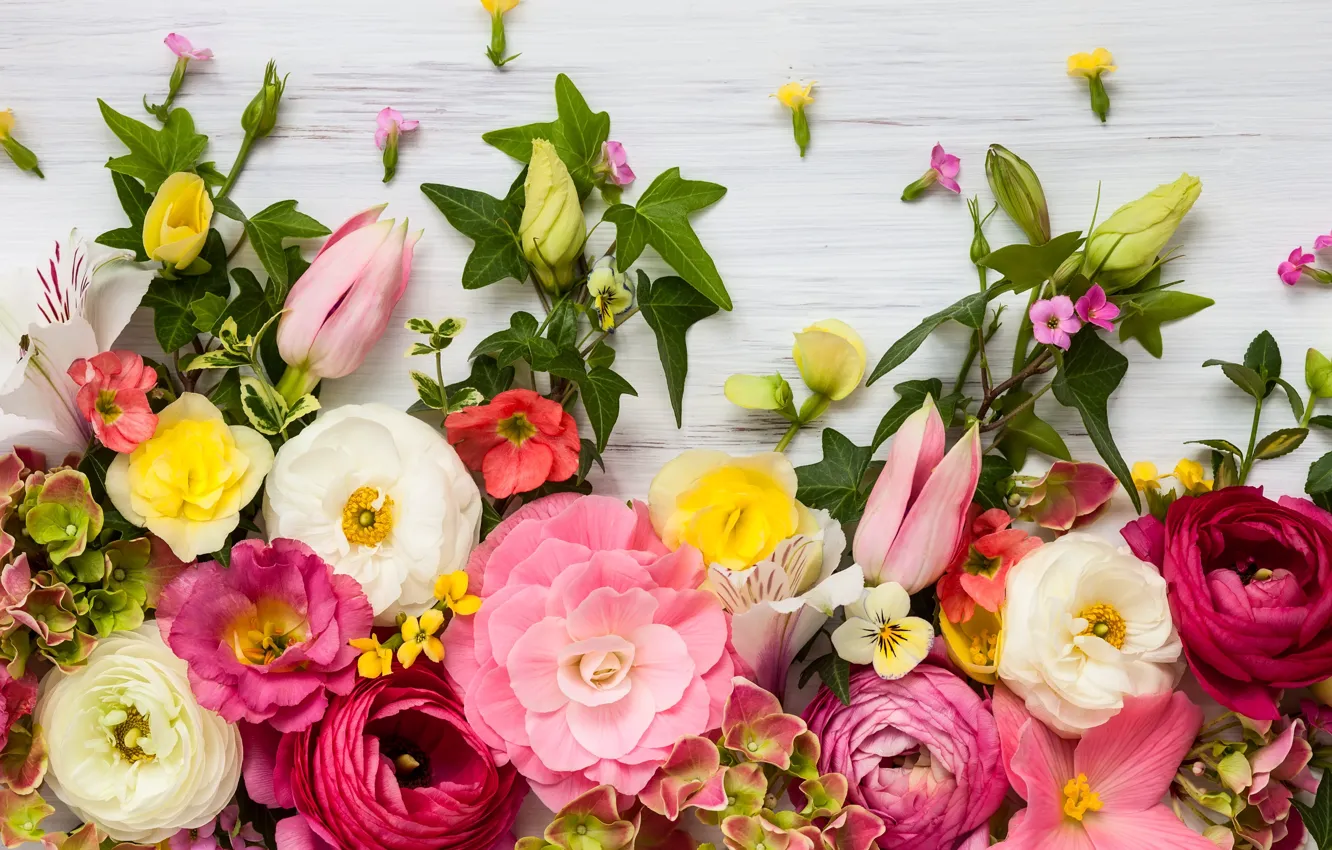 Photo wallpaper flowers, Lily, tulips, hydrangea, composition, Asian Buttercup, alstomeria