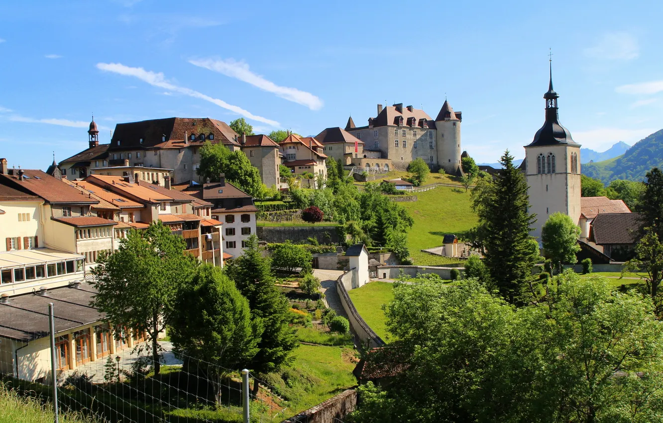 Photo wallpaper home, Switzerland, Switzerland, houses, mountains., Gruyere, Fribourg