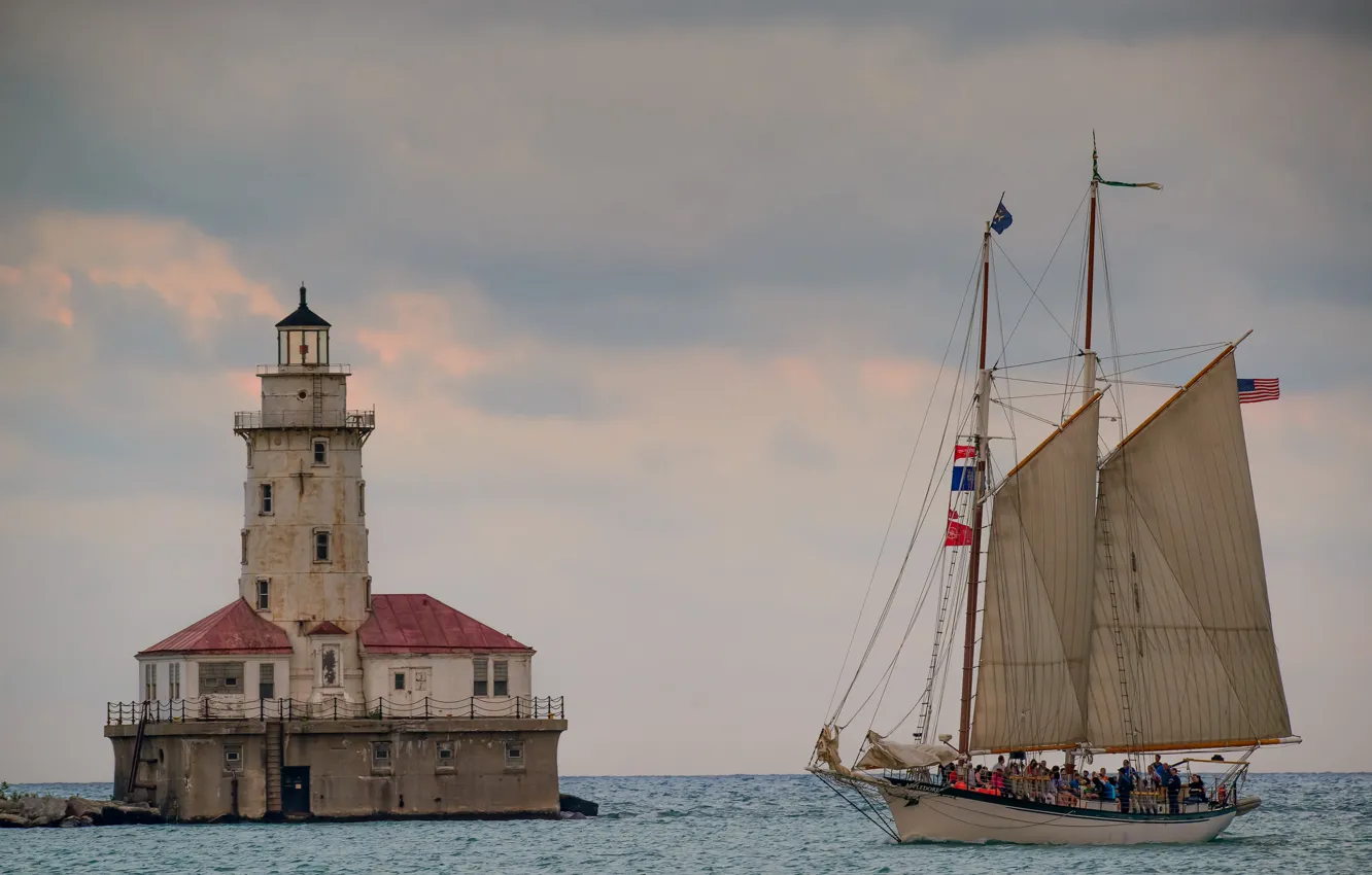 Photo wallpaper lake, lighthouse, sailboat, Chicago, Il, Chicago, Illinois, lake Michigan