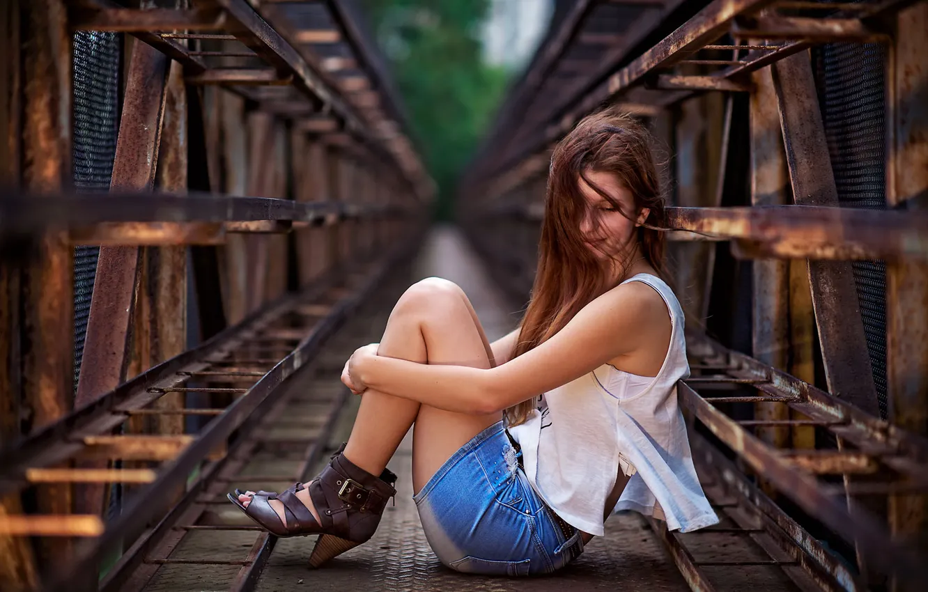 Photo wallpaper pose, legs, sitting, wooden bridge, beautiful woman