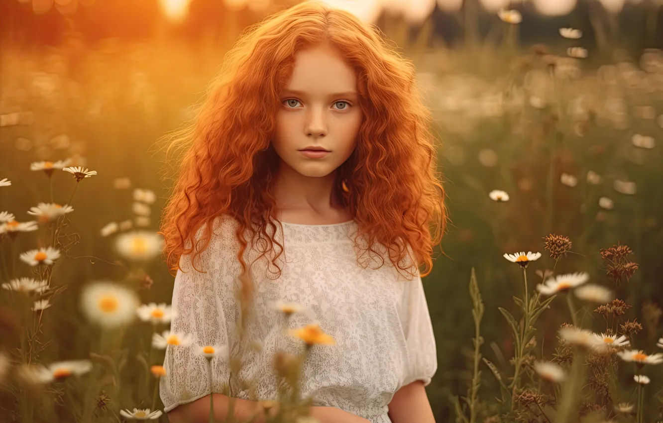 Photo wallpaper field, summer, look, girl, portrait, chamomile, dress, meadow