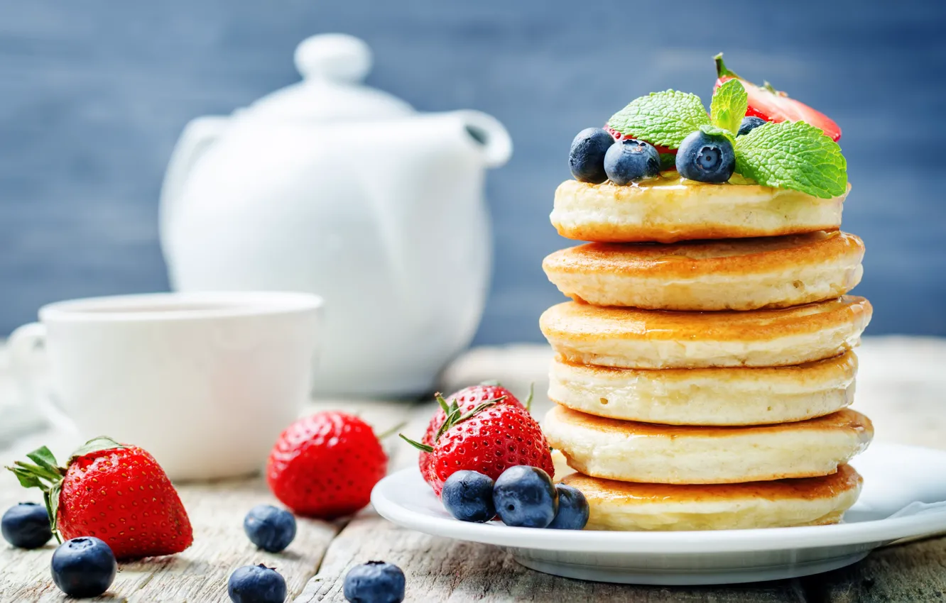 Photo wallpaper food, blueberries, strawberry, pancakes, food, cakes, sweet, strawberry
