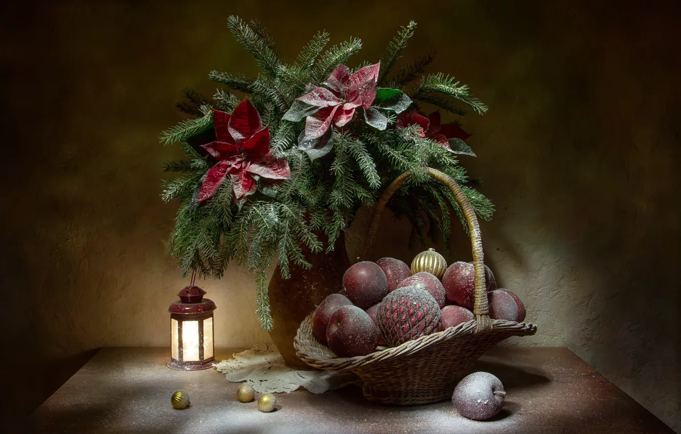Photo wallpaper balls, flowers, branches, holiday, balls, apples, Christmas, spruce