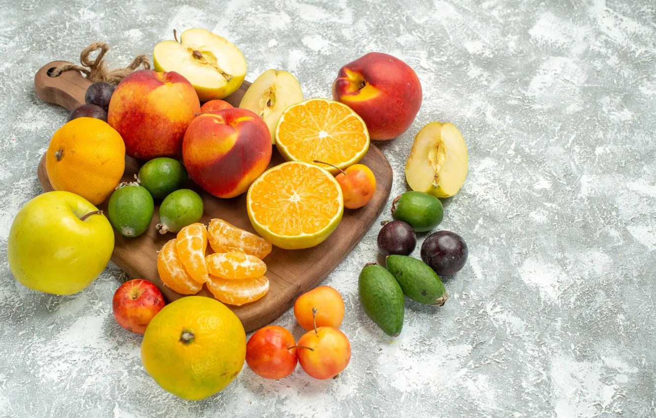 Photo wallpaper background, apples, orange, fruit, peaches, tangerines