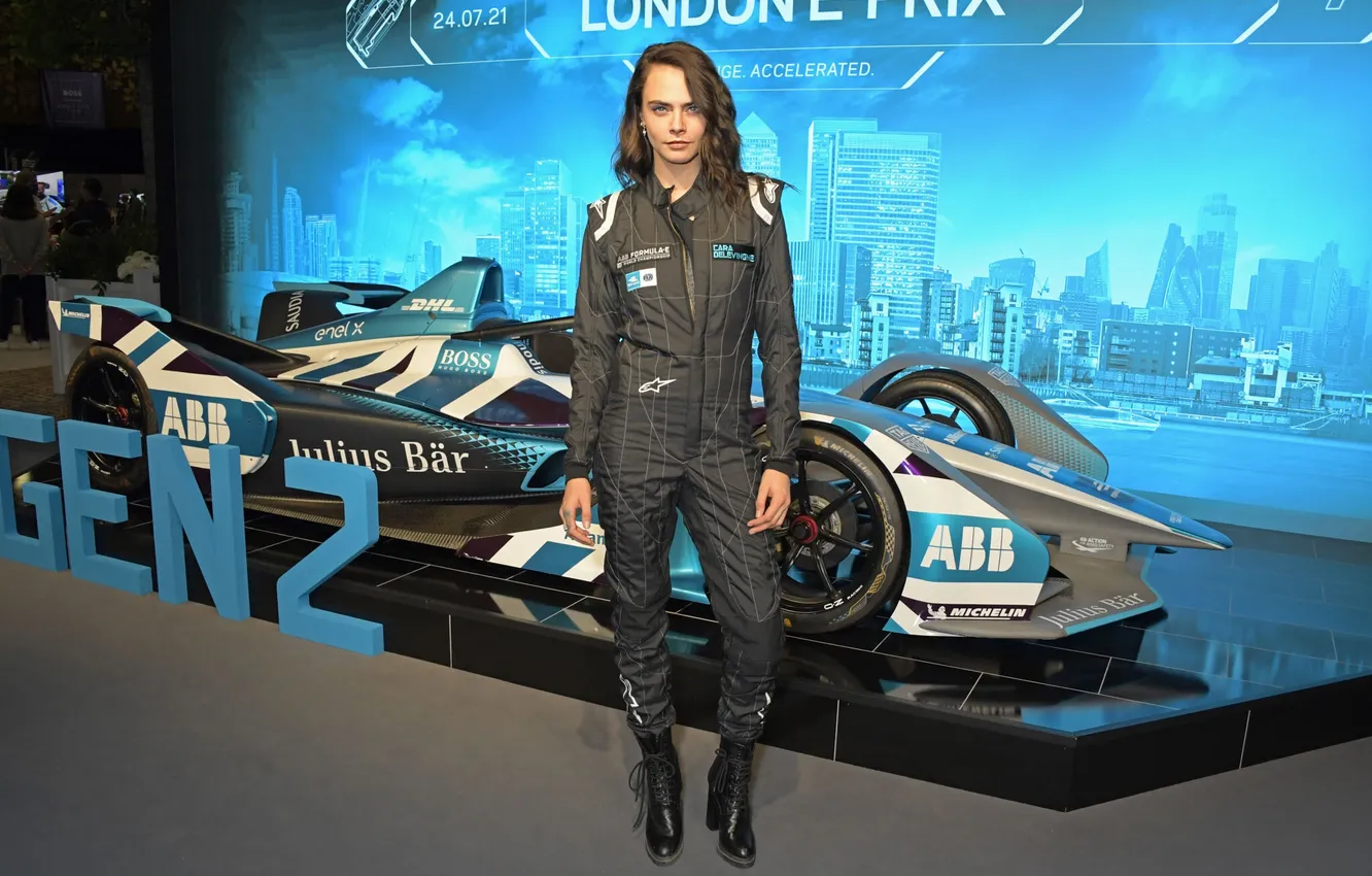Photo wallpaper car, girl, woman, young, model, cute, Cara Delevingne, Jumpsuit