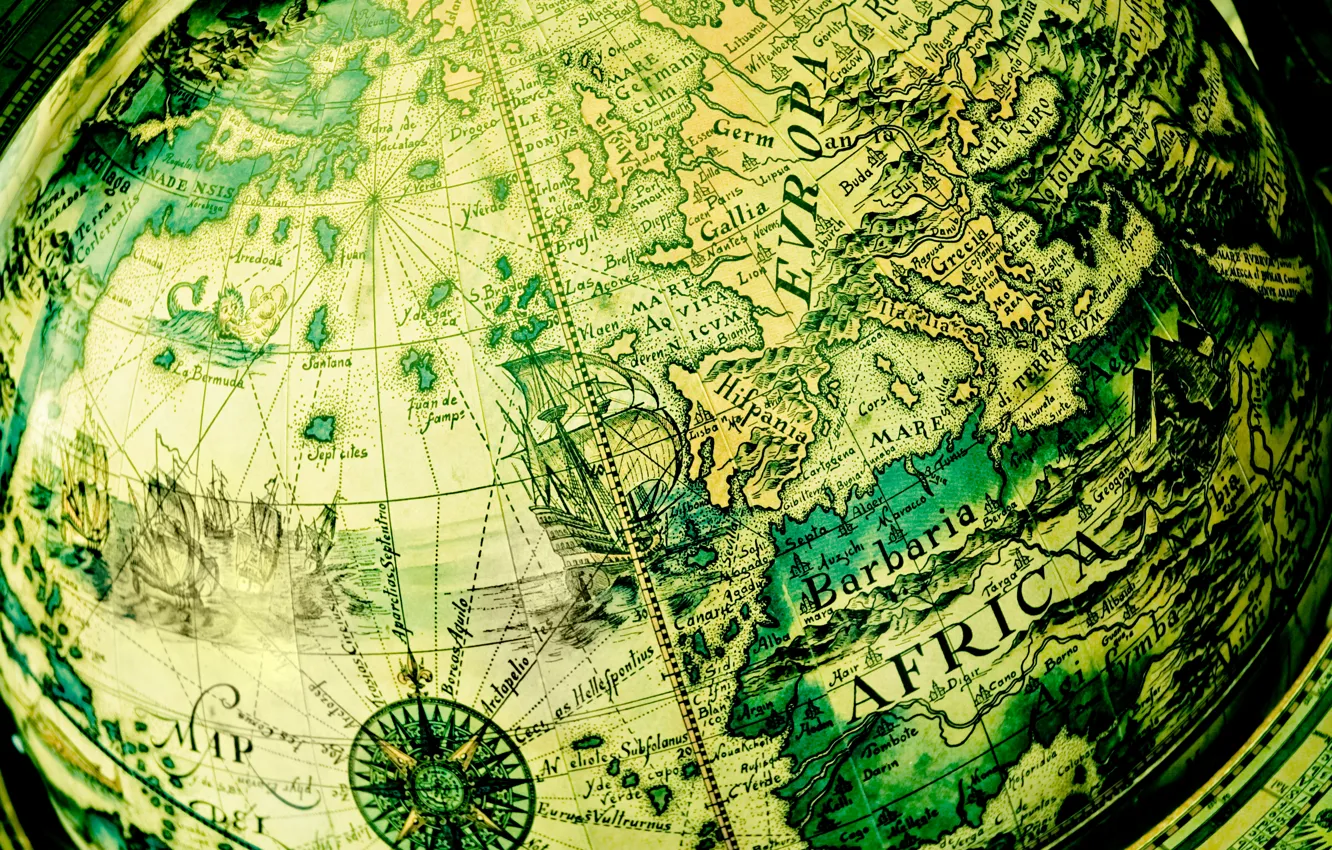Photo wallpaper world map, globe, antique, green background