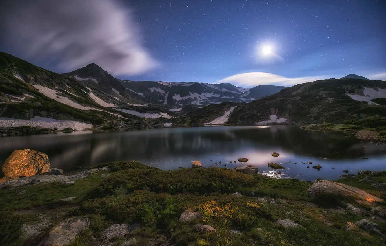 Photo wallpaper stars, mountains, night, lake, the moon