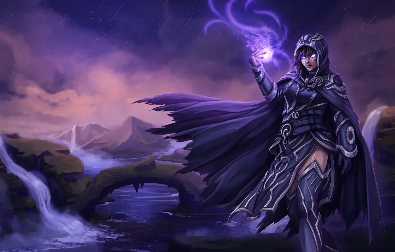 Photo wallpaper girl, mountains, night, river, magic, hood, MAG, cloak