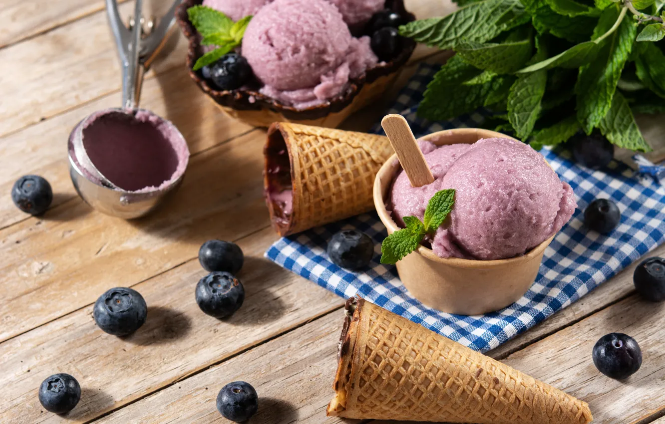 Photo wallpaper balls, berries, ice cream, mint, blueberries, waffle cone