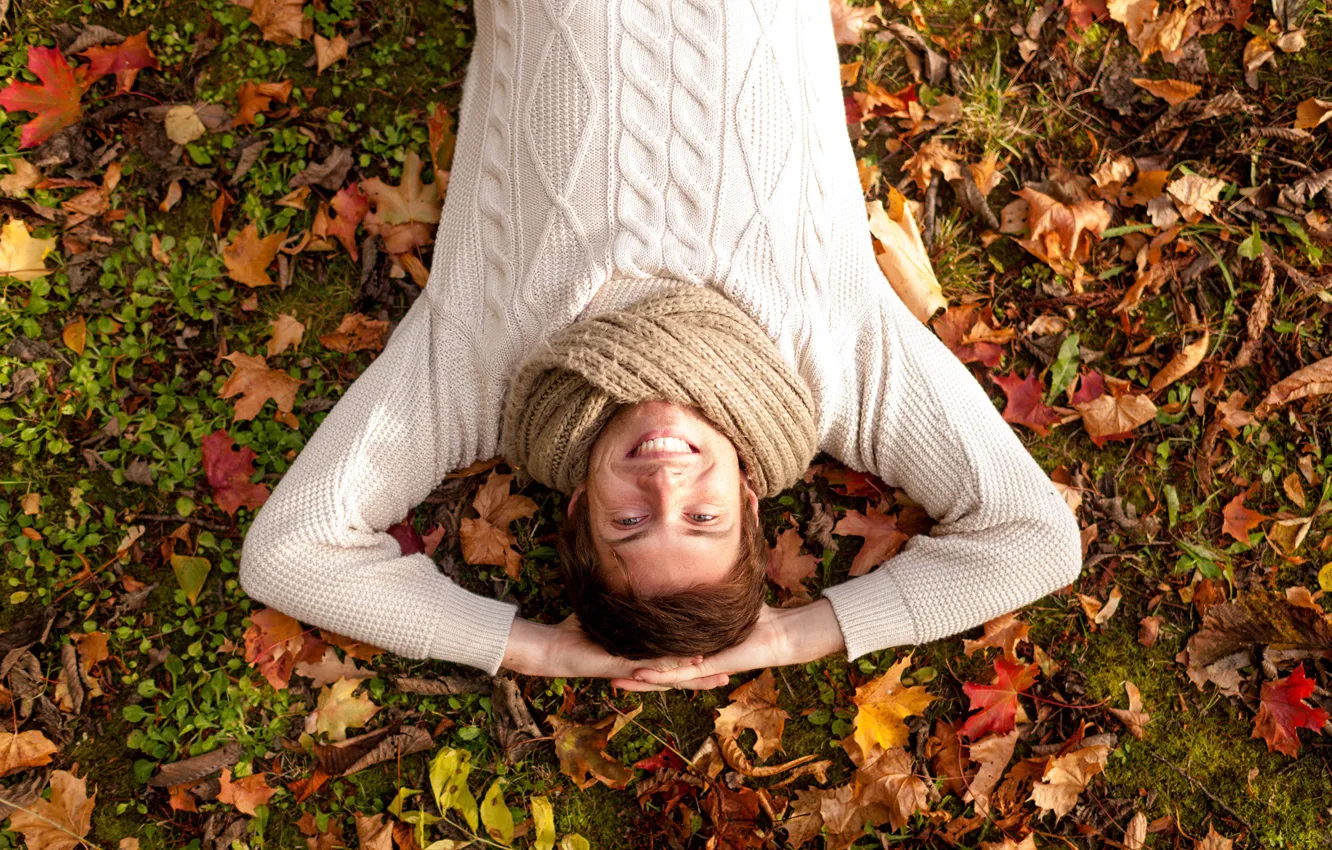 Photo wallpaper autumn, smile, foliage, male, sweater