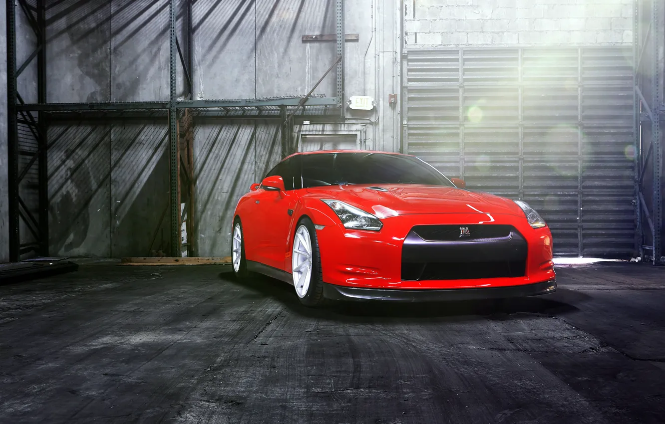 Photo wallpaper GTR, red, Nissan, wheels, front, vossen