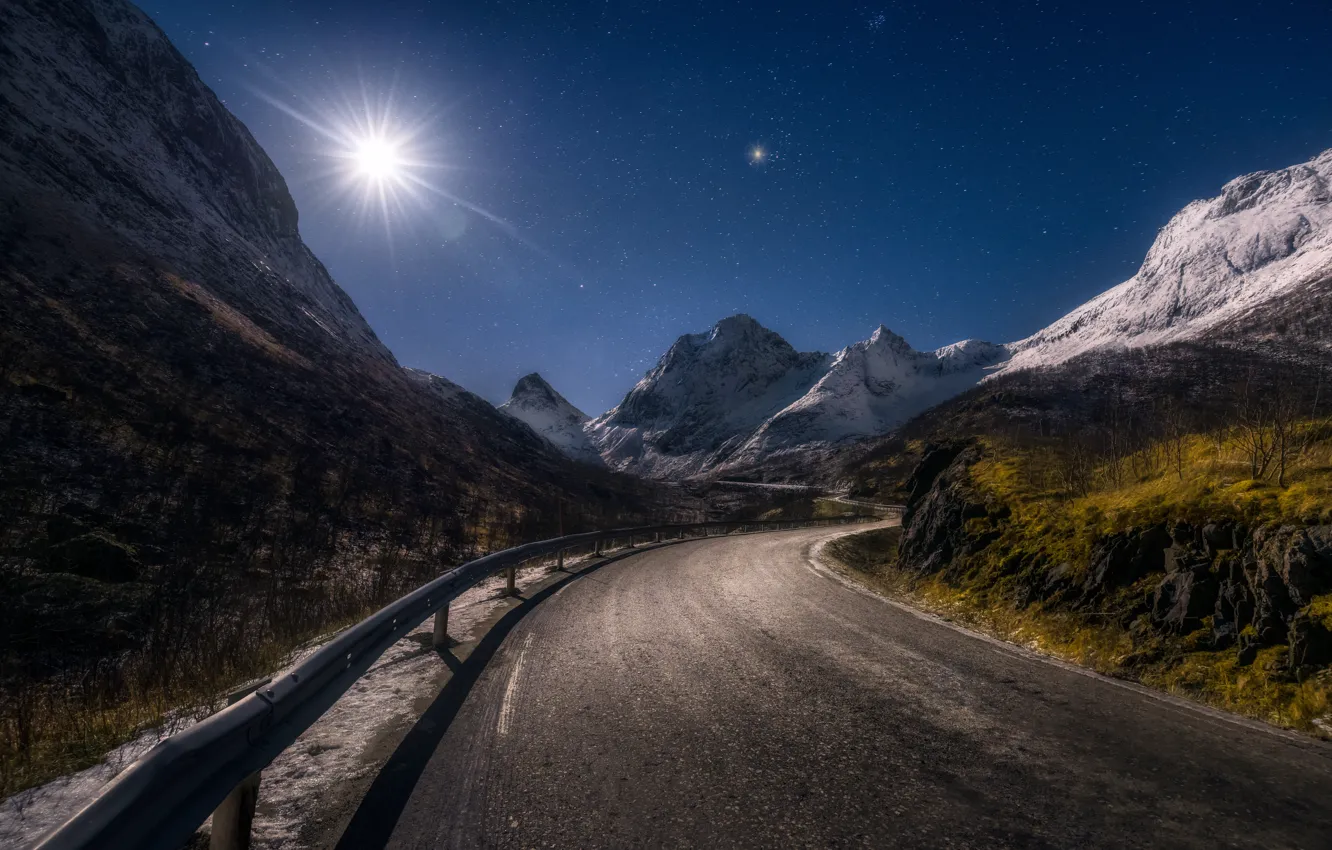 Photo wallpaper winter, road, autumn, stars, rays, light, snow, mountains