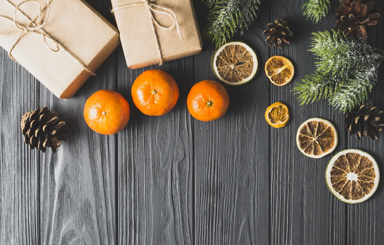 Photo wallpaper holiday, gift, new year, spruce, citrus, Mandarin, dry orange