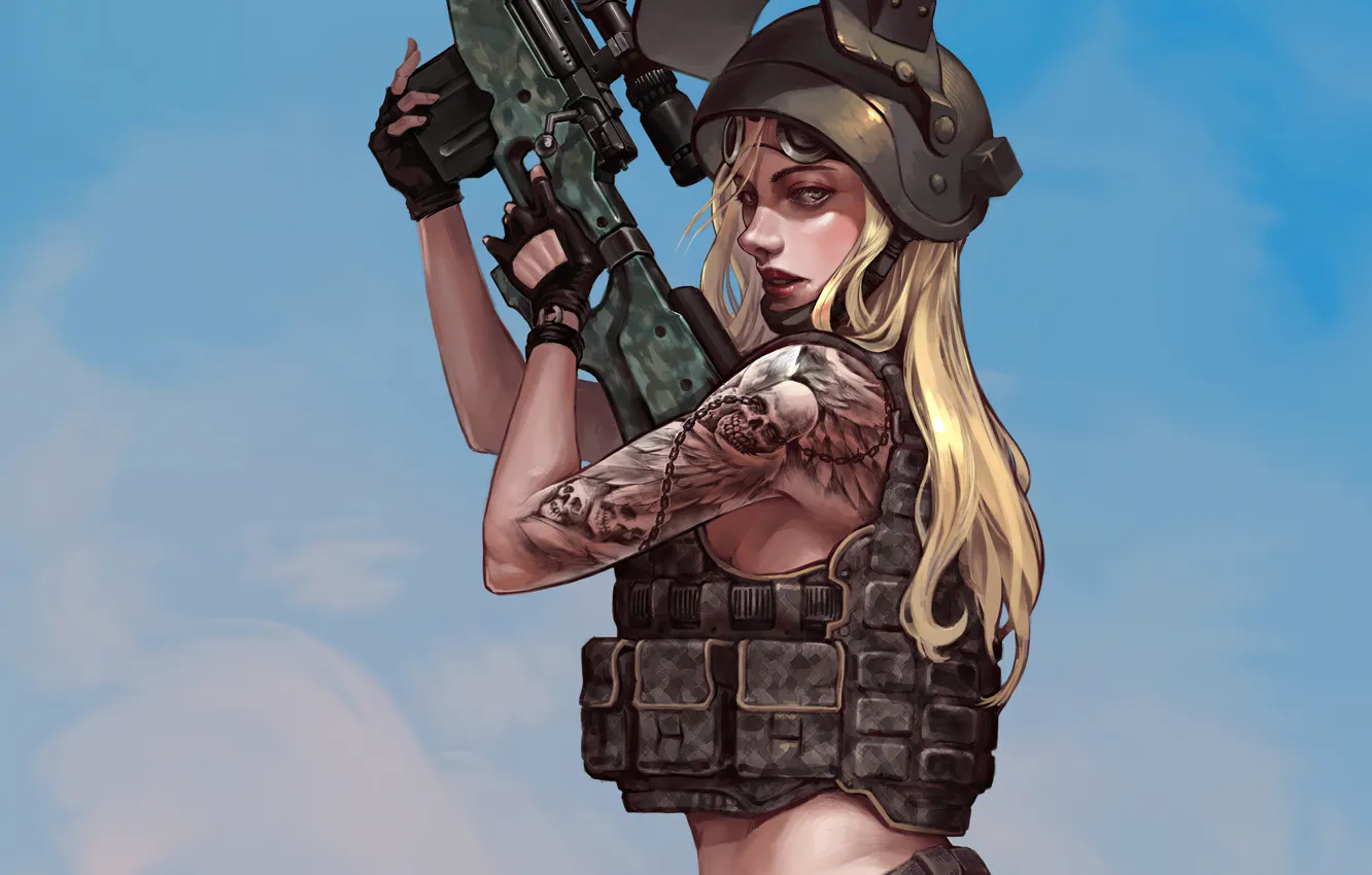 Photo wallpaper girl, weapons, helmet, vest, Playerunknown's Battlegrounds